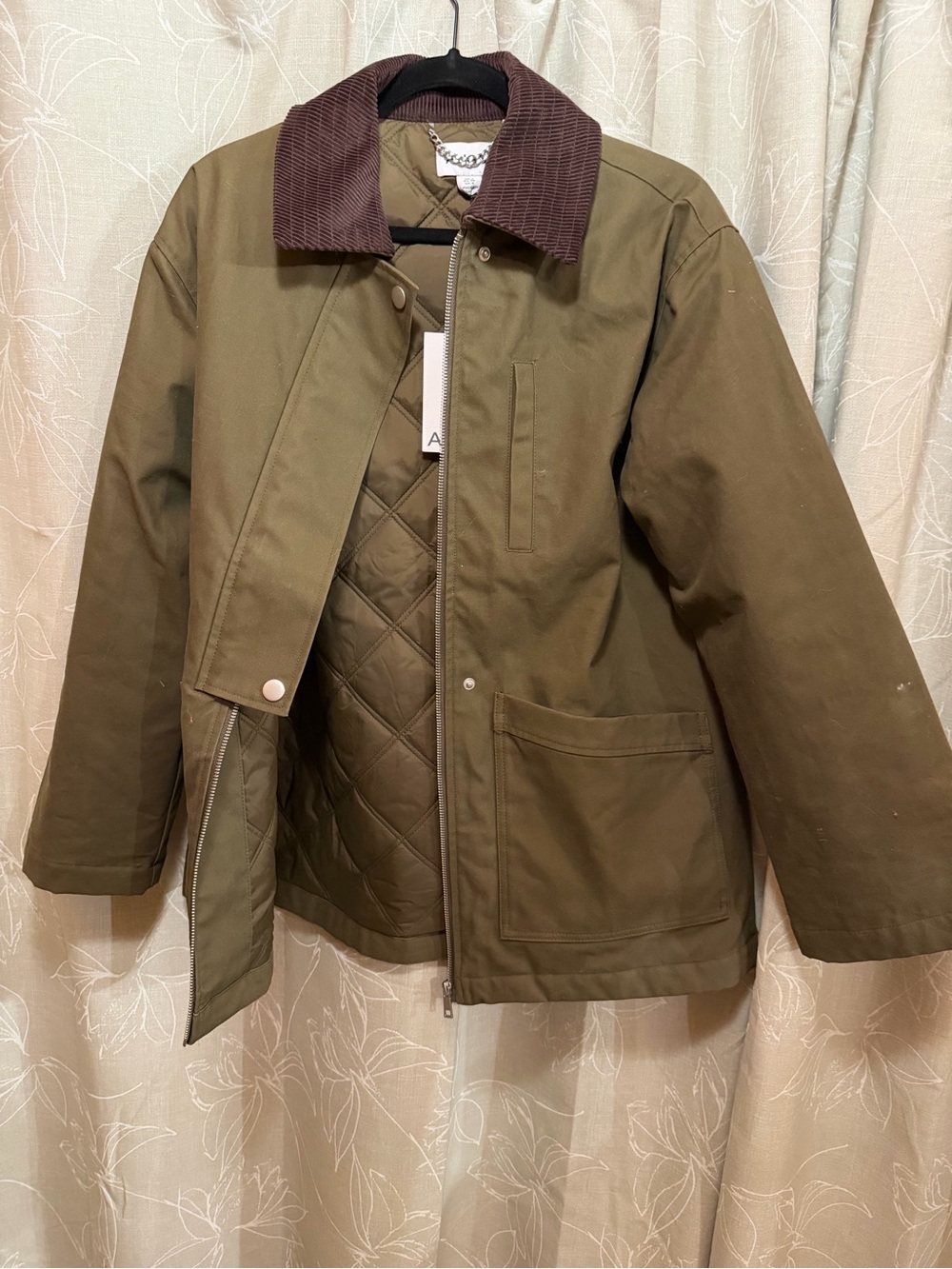 Anthropologie Olive Green Field Jacket with Brown Corduroy Collar